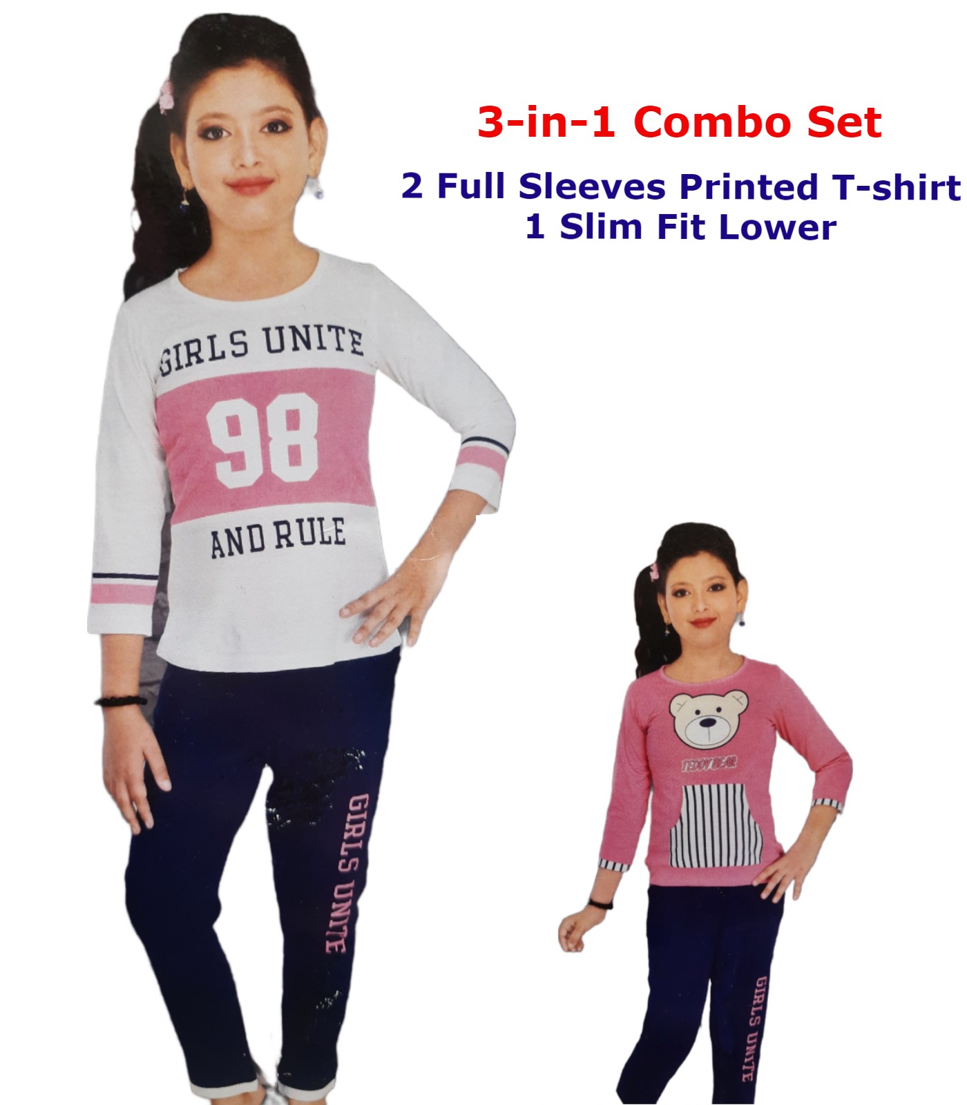 Kids Girls Full Sleeves Printed T-Shirts & Lower Combo-D2041